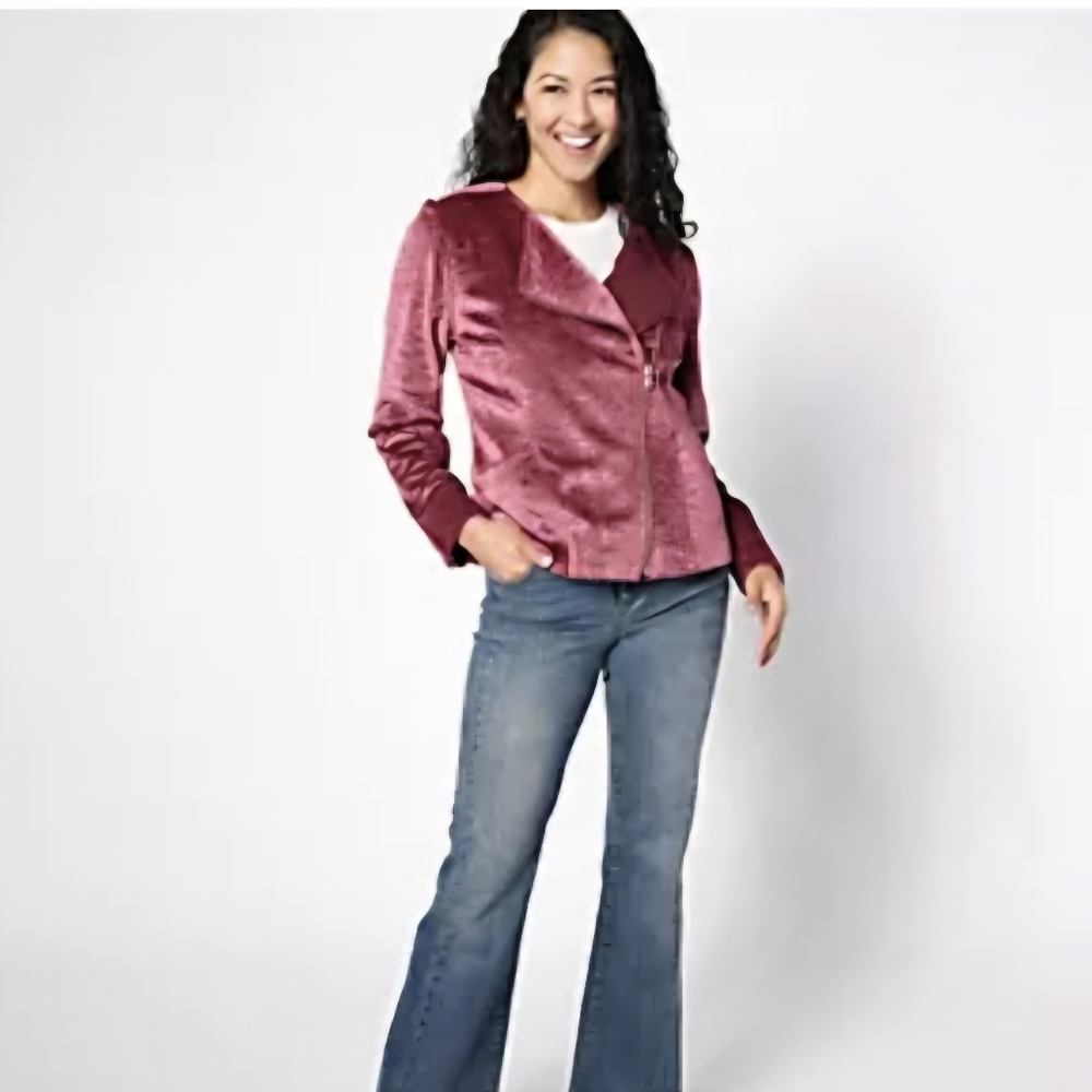 Isaac Mizrahi Live Crushed Velvet Purple Moto Jacket Large QVC Contemporary NICE